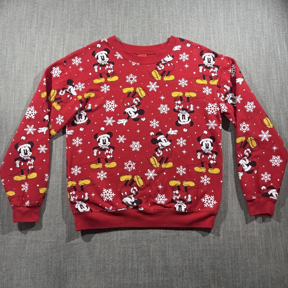 Disney Sweatshirt Kids Small 3-5 Red Mickey Mouse Snowflake Christmas Pullover
